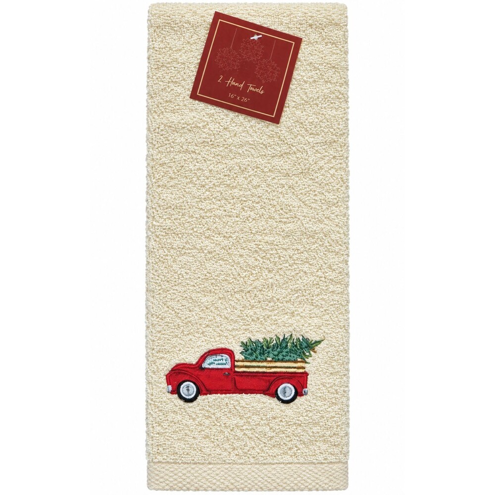 Christmas Tree Red Farm Truck Hand Towels Embroidered Bathroom 16x28 Set of 2